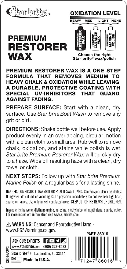 STAR BRITE Premium Restorer Wax – for Medium to Heavy Oxidation – Cleans and Restores in One Easy Step – Helps Provide a Durable Protective Coating with UV Inhibitors for a Brilliant Finish