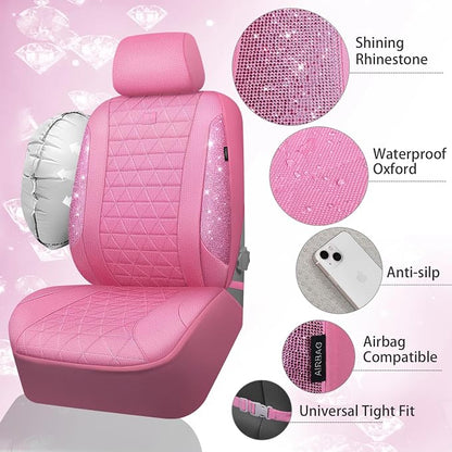 CAR PASS Pink Oxford Bling Diamond Car Seat Covers Full Set Interior Sets, Waterproof Shining Glitter Sparkly Crystal Universal Armrest Fit 95% Automotive Truck SUV Cute Women Girl, Pink Rhinestone