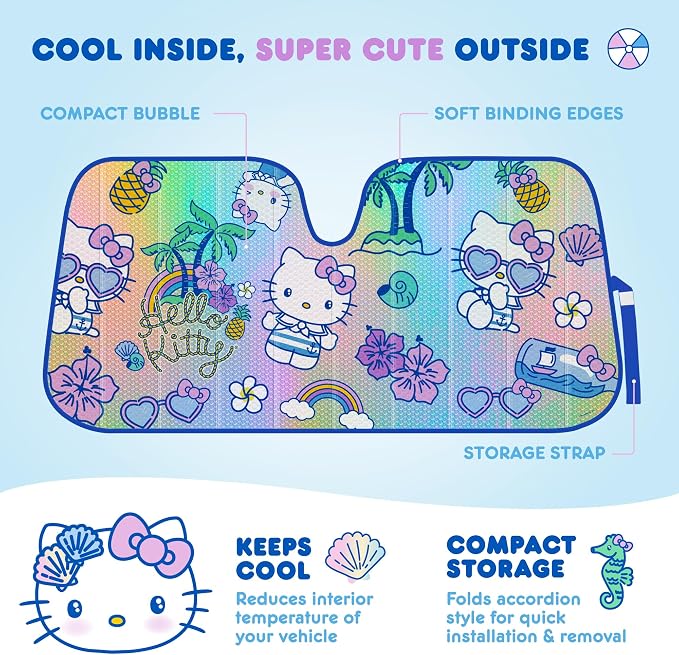 Hello Kitty Car Windshield Sun Shade - Officially Licensed Sanrio Cute Car Accessories for Women - Hello Kitty Accessories Sunshade for Front Windshield - Summer Sunshield Cars Window Shades
