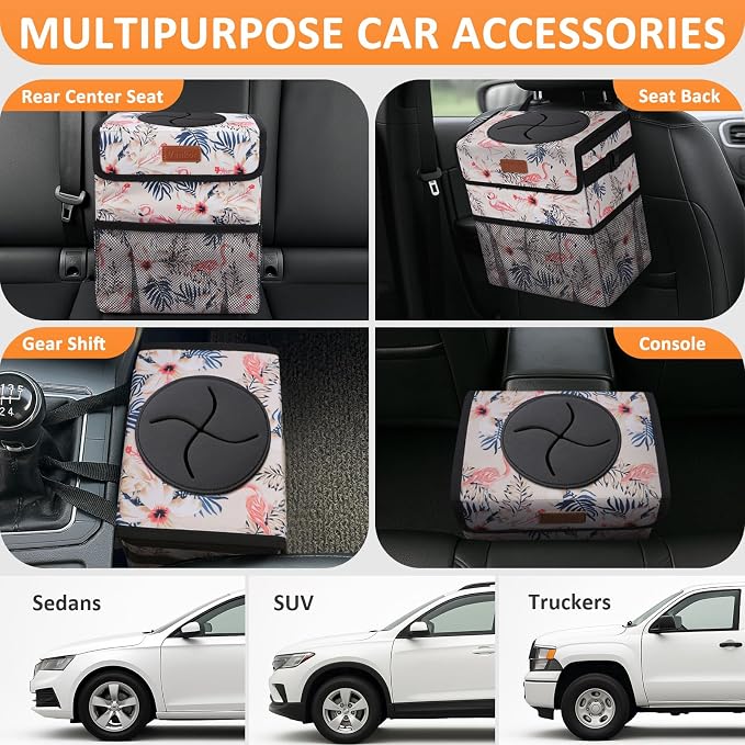 Vankor Cute Car Trash Can, Car Accessories for Women Interior Can Trash Bag Hanging Automotive Garbage Cans Pink Flamingo