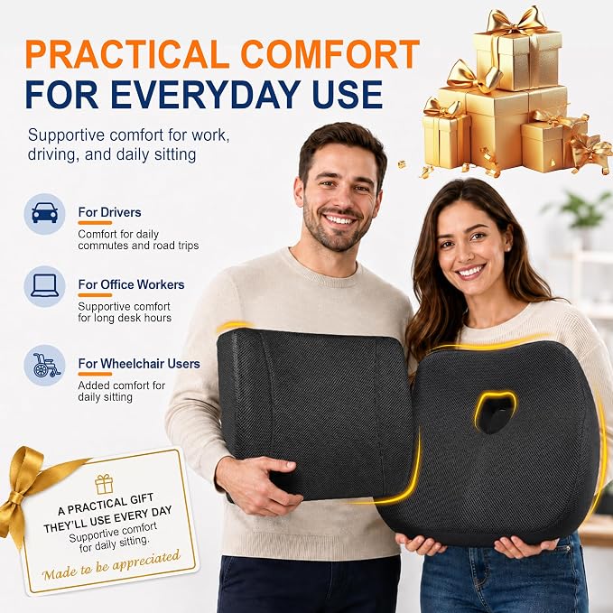 Allaboutsla Seat Cushion & Lumbar Support Pillow Set: Ergonomic Memory Foam Seat Cushion and Back Support for Pain Relief, Butt Cushions and Lumbar Pillow for Car, Office Chair, Gaming - Black