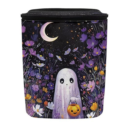 Ghost Daisy Flower Moon Pattern Car Trash Can Leakproof Garbage Bag with Lid and Zipper 1.2Gal Trash Bin Hanging for Back Seat Halloween Car Accessories Universal Fit