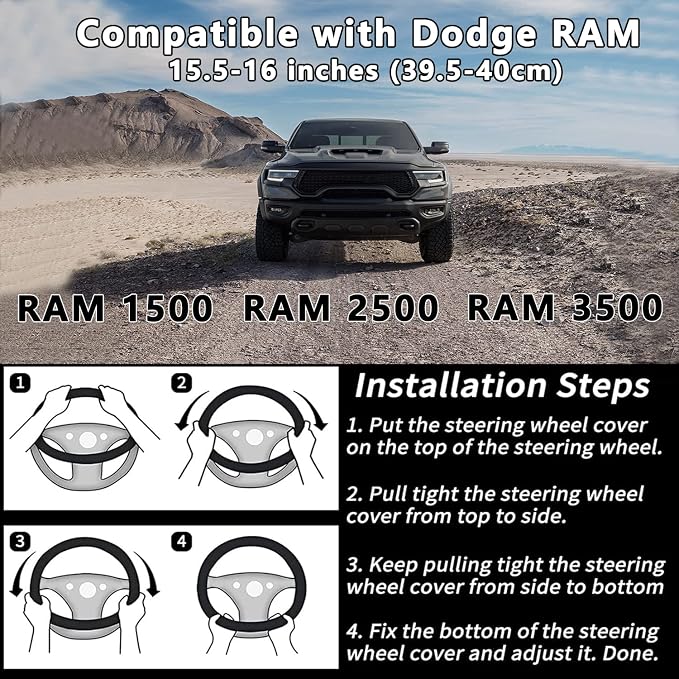 Yangday Leather Steering Wheel Cover for Dodge Ram 1500 2500 3500, 15.5-16 inches Car Steering Wheel Cover with Non-Slip Breathable (Blue)