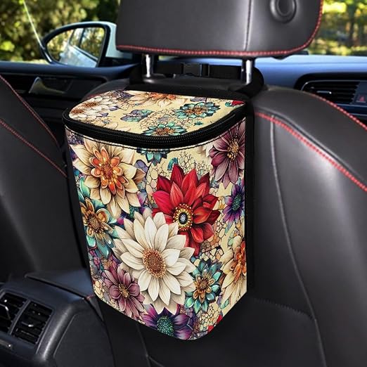 BIGCARJOB Hippie Lotus Car Trash Can Bin for Car Back Seat Leak Proof Car Trash Bag Hanging,Vehicle Trash Can for SUV Truck Van,Car Garbage Cans for Front Seat