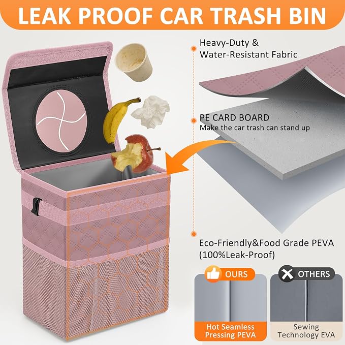 Vankor Car Trash Can Cute Trash Bag Bin Hanging Waterproof Automotive Garbage Cans Leak Proof Vehicle Trash Can Diamond Pattern-Pink