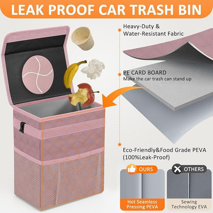 Vankor Car Trash Can Cute Trash Bag Bin Hanging Waterproof Automotive Garbage Cans Leak Proof Vehicle Trash Can Diamond Pattern-Pink