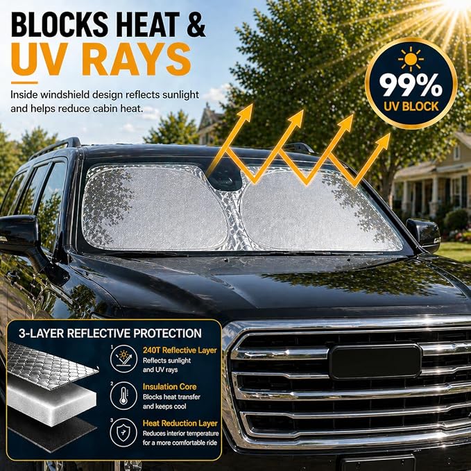Yukon Windshield Sun Shade, Front Windshield Shade for Sun, Folding Sunshade Windshield Visor for GMC Yukon 1992-2025.