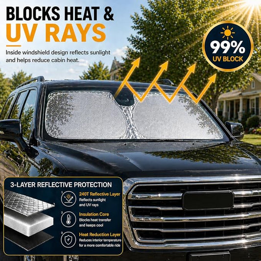 Yukon Windshield Sun Shade, Front Windshield Shade for Sun, Folding Sunshade Windshield Visor for GMC Yukon 1992-2025.