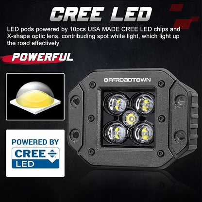 OFFROADTOWN 2PCS 100W 5 Inch CREE LED Pods, Spot Beam, Flush Mount, Waterproof Bumper Lights for Trucks UTV ATV Off Road Boat