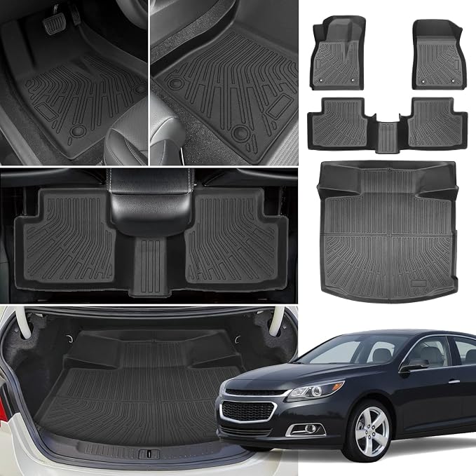 Floor Mats for Chevy Malibu 2013 2014 2015, Also for 2016 Chevrolet Malibu Limited, 8th gen Malibu Floor Mats for Malibu LS LT LTZ Eco, 1st & 2nd Row & Cargo Liner, TPE Anti-Slip Waterproof Duty
