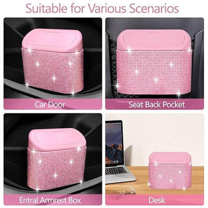 NBTEPEM Bling Pink Car Trash Can with Lid - 2 Pack, Mini Auto Garbage Can with 60 Trash Bags, Automotive Garbage Container Bin, Bling Car Accessories Trash Can for Women (Pink Diamond)