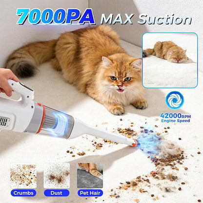 Heapsion Handheld Vacuum Cleaner Cordless, 7000Pa Suction, Portable Pet Hair Vacuum, 30-Min Runtime Rechargeable Type-C, Lightweight with Telescopic Tube for Car, Home & Office, with Telescopic Tube