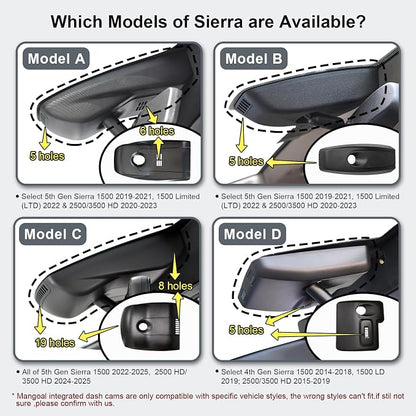 Mangoal Front 4K & Rear 1080P Dash Cam for GMC Sierra 1500 2019-2021, 1500 Limited 2022, 2500/3500 HD 2020-2023(Model B), Model B & Model A have Same Model Years but Vehicle Sensor Cover Are Different