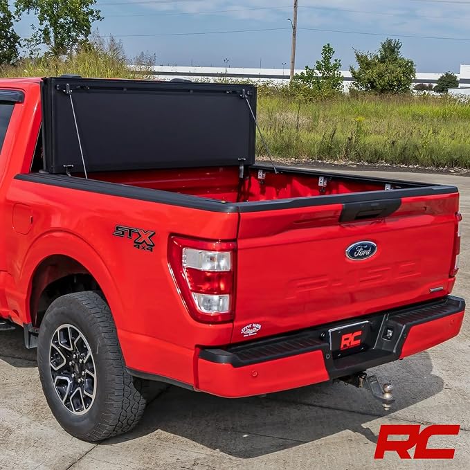 Rough Country Hard Flip-Up Truck Bed Tonneau Cover for Ford F-150 (2015-2020) - Flush Folding Aluminum Bed Cover
