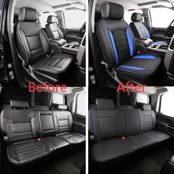 JOJOBAY Chevy Silverado Seat Covers,Leather Seat Covers for GMC Sierra,Custom Fit 2007-2026 1500 2500HD 3500HD Crew Double Extended Regular Cab,LT LZT RST(Full Set,Black Blue)