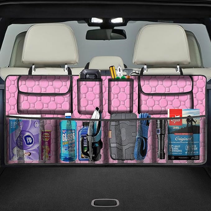 Car Trunk Organizer, Super Capacity Backseat Car Organizer for SUV/Truck/MPV(42"*18"), Hanging Car Storage Organizer with 8 Pocekts, Car Accessories for Women and Men- Pink
