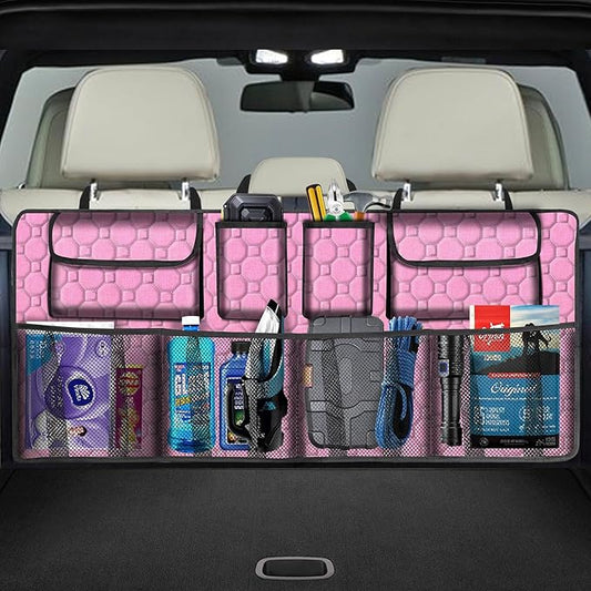 Car Trunk Organizer, Super Capacity Backseat Car Organizer for SUV/Truck/MPV(42"*18"), Hanging Car Storage Organizer with 8 Pocekts, Car Accessories for Women and Men- Pink