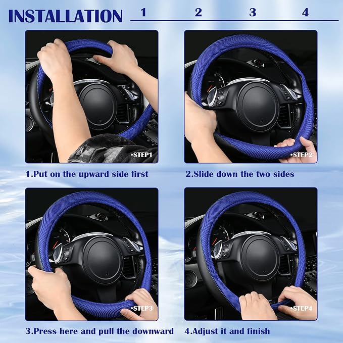 CAR PASS 3D Air Mesh Car Seat Covers Full Sets w/5mm Sponge, 4Pcs Waterproof Car Floor Mats, Steering Wheel Cover Universal Fit for SUV Sedan Truck, Airbag Compatible Automotive Interior(black & blue)