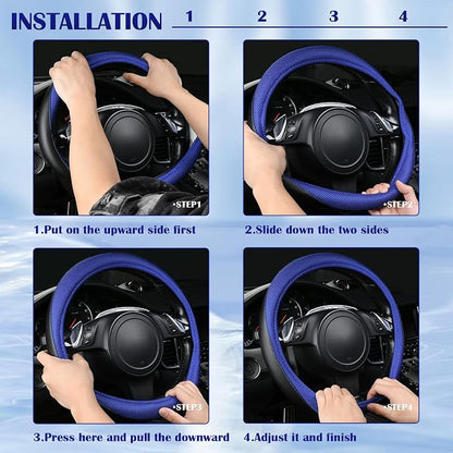 CAR PASS 3D Air Mesh Car Seat Covers Full Sets w/5mm Sponge, 4Pcs Waterproof Car Floor Mats, Steering Wheel Cover Universal Fit for SUV Sedan Truck, Airbag Compatible Automotive Interior(black & blue)