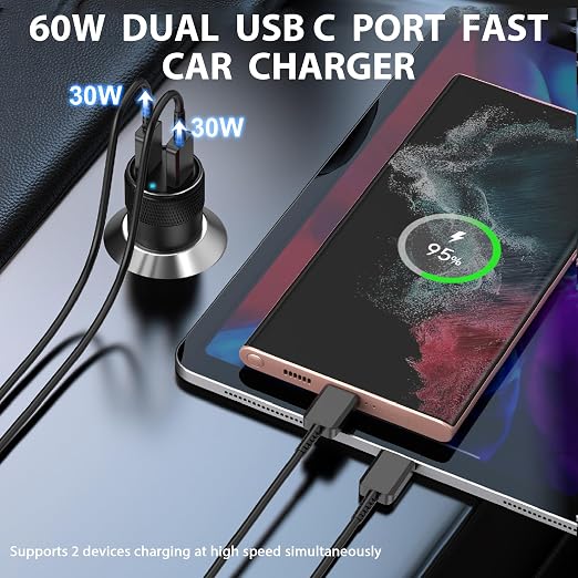 USB C Car Charger, 2Pack 60W Dual USB C Adapter Fast Charging Power Delivery Adapter Fast Type C Car Charger Plug Compatible with iPhone 17/17 Pro/17 Pro Max/16 Plus/15 Pro/Galaxy S26/S25/Pixel(Black)