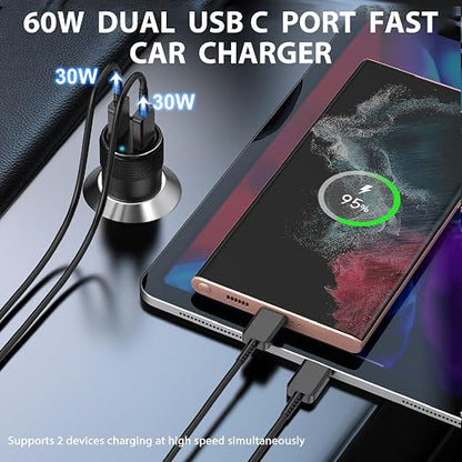 USB C Car Charger, 2Pack 60W Dual USB C Adapter Fast Charging Power Delivery Adapter Fast Type C Car Charger Plug Compatible with iPhone 17/17 Pro/17 Pro Max/16 Plus/15 Pro/Galaxy S26/S25/Pixel(Black)