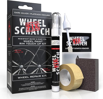 Wheel Scratch Fix® Dark Silver Touch Up Paint for Cars - DIY Alloy Wheel Repair Kit, Curb Rash Remover with Fast-Drying Pen - Long-Lasting OEM Finish Car Rim Paint for Scuffs and Chips at Home (Dark Silver)