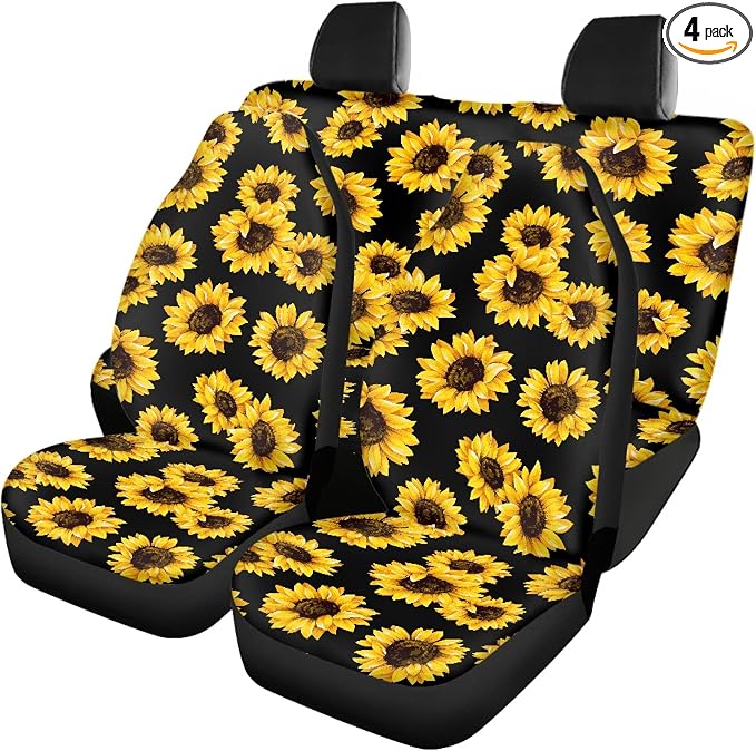 Sunflower Car Seat Covers Full Set,Cute Yellow Flowers Lovely Floral Print Vehicle Front Rear Bench Cushion Protectors for Women Men Auto Interior Accessories Universal Fit for Trucks Sedans