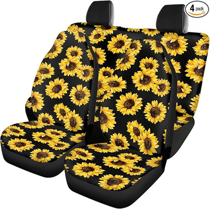 Sunflower Car Seat Covers Full Set,Cute Yellow Flowers Lovely Floral Print Vehicle Front Rear Bench Cushion Protectors for Women Men Auto Interior Accessories Universal Fit for Trucks Sedans