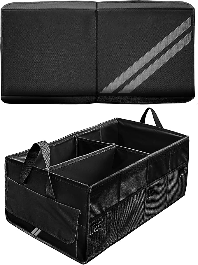 YOSRTER for Dodge Charger Durango Challenger Ram Car Trunk Organizer Collapsible Storage Box with Handle Foldable Lid Non Slip Bottom Sturdy Base Panel for Dodge Accessories, 2 Compartment (Gray Trim)
