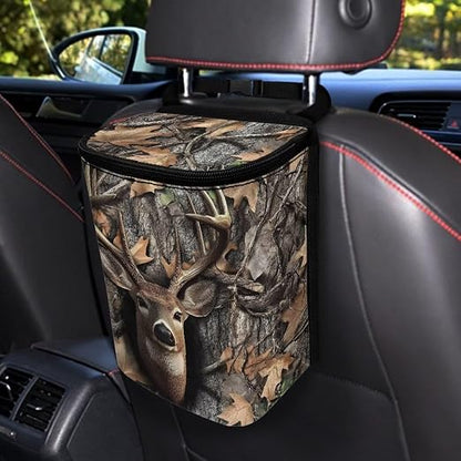 Hunting Deer Forest Camo Print Car Trash Can with Lid and Zipper Portable Foldable Garbage Can Hanging for Headrest Leakproof Organizer and Storage Bag Car Accessories