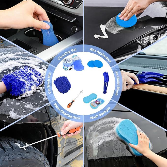 Nilight 37PCS Car Detailing Kit Auto Cleaning Tools Wash Set with Storage Carry Bag Home Use for Interior Exterior Deep Clean Car Care Windshield Dashboard Seat Air Vents Wheels Tires, Blue