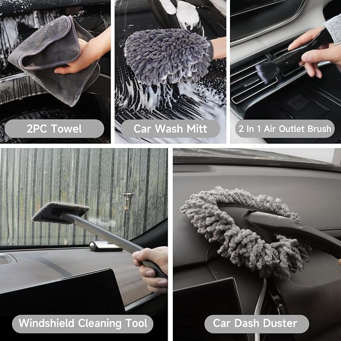 Car Detailing Kit, Car Detailing Brush Set, Car Cleaning Kit, Auto Detailing Tools for Interior Exterior Wheels, Professional Car Wash Accessories with Windshield Cleaning Tool and Storage Box(Grey)