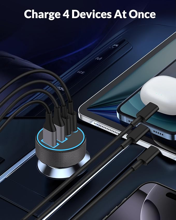 iPhone 17 16 15 Car Charger Fast Charging, 90W 4-Port USB C Fast Car Charger Cigarette Lighter Adapter with 240W 3FT USB-C Cable for iPhone 17/Air/17 Pro/17e/16/15 Pro Max/Plus/16e, iPad, Android