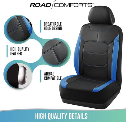 Road Comforts Seat Covers, Premium Leather Car Seat Covers Front Seats,Airbag Compatible, Automotive Seat Covers Universal Fit Most Cars,Vans,Truck,SUV Blue