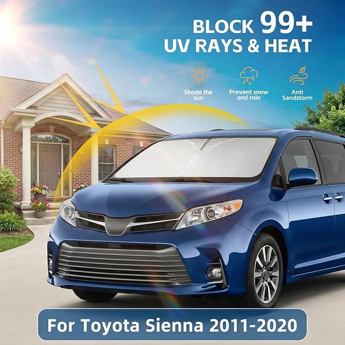 Windshield Sun Shade for Toyota Sienna 2011-2020 Front Window Shade Custom Fit Sienna Accessories Sun Visor Foldable Shade Blocks UV Rays Summer Must Have Car Accessories