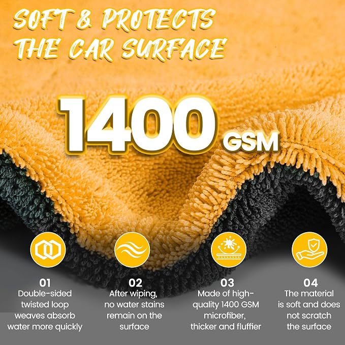 PUGPIU Microfiber Car Drying Towel Extra Large Super Absorbent 48"X24", 1400 GSM Flash Detail Car Wash Drying Towel Edgeless with Two Sided Soft Twisted-Loop, No Water Spots Streaks for Cars (Yellow)