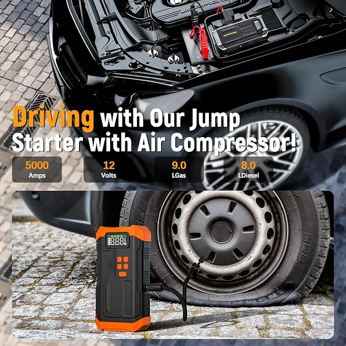 5000A Jump Starter with Air Compressor,Car Jumper Starter Portable with 150PSI Tire Inflator 12V Jump Box with LCD Display,Flashlight,Storage Case (Up 9L Gas/8L Diesel Engine（Orange