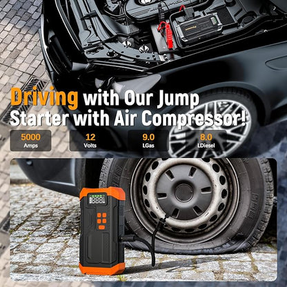 5000A Jump Starter with Air Compressor,Car Jumper Starter Portable with 150PSI Tire Inflator 12V Jump Box with LCD Display,Flashlight,Storage Case (Up 9L Gas/8L Diesel Engine（Orange