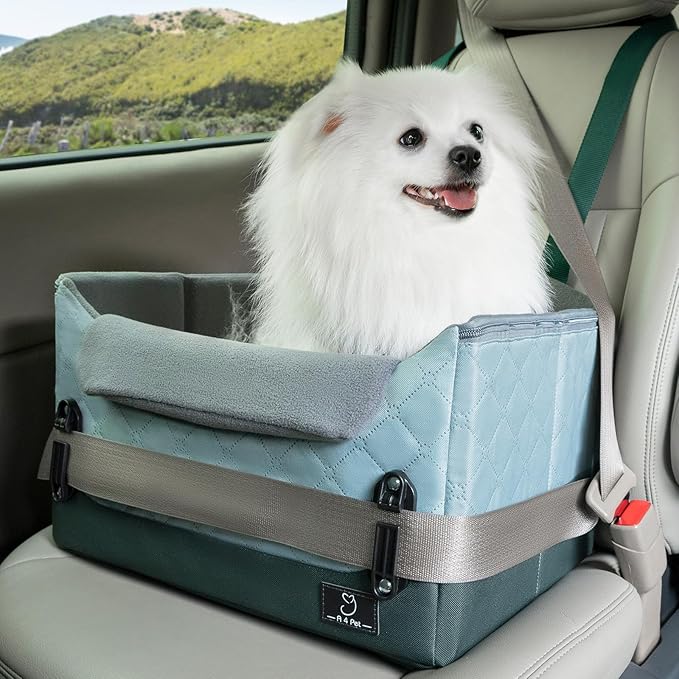 A 4 Pet Dog Car Seats for Small Dogs Under 25lbs – Safety Travel Booster Seat with Patent Buckles, Adjustable Leash – Reduces Anxiety & Road Trips – Frame Support for Cars, SUV, Pickup