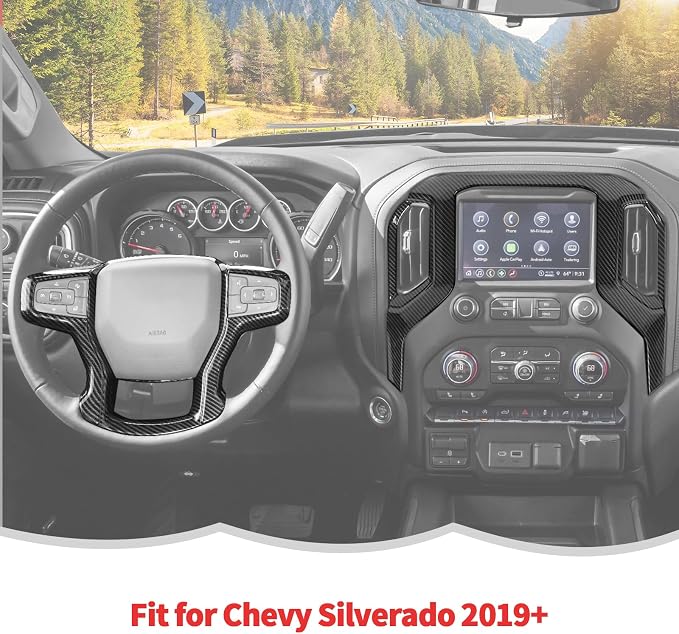 RT-TCZ Center Console Navigation GPS Panel Cover Trim Kit Decoration Interior Accessories for Chevrolet Chevy Silverado 2019-2021 (Black Carbon Fiber)