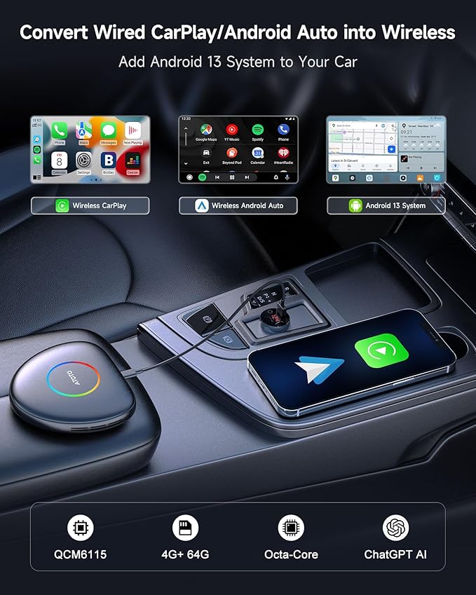 CB6C AI Box CarPlay, Wireless CarPlay/AndroidAuto Adapter with YouTube, Car Video Box with AI Assistant, GPS Navigation, Android 13, 4G LTE, Expandable to 256GB, Watch Videos in Your Car