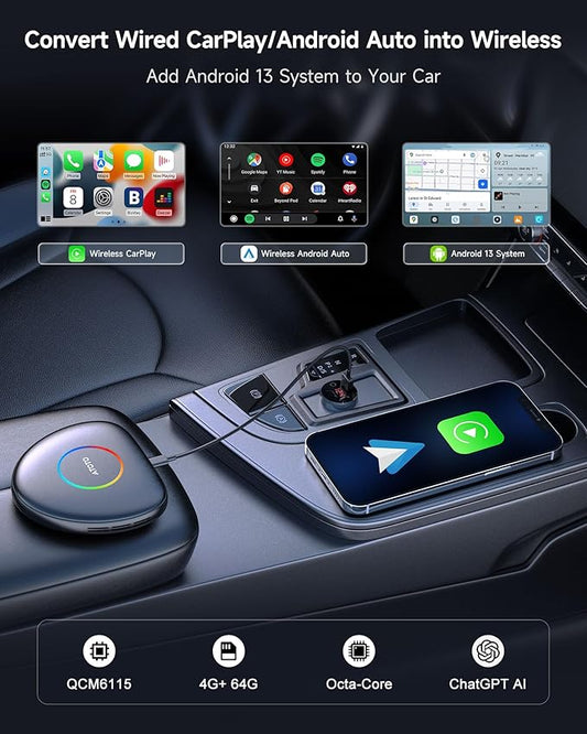 CB6C AI Box CarPlay, Wireless CarPlay/AndroidAuto Adapter with YouTube, Car Video Box with AI Assistant, GPS Navigation, Android 13, 4G LTE, Expandable to 256GB, Watch Videos in Your Car