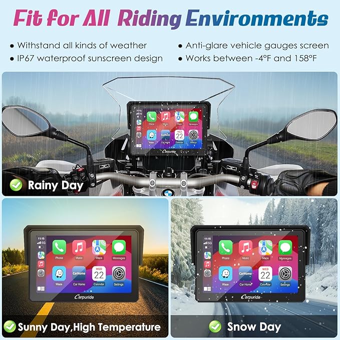 Carpuride W502B Motorcycle Carplay Screen for BMW R1200GS R1250GS S1000XR Motorcycle, 5 inch Waterproof Touchscreen, Portable Carplay/Android Auto GPS Navigation for Motorbike, Dual Bluetooth