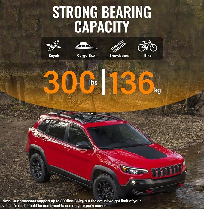 Lockable Roof Rack Cross Bars Compatible with Jeep Cherokee 2014-2023, Aluminum Car Cross Bar for Rooftop Cargo Carrier Bag Basket Luggage Kayak Canoe Bike Snowboard Skiboard (Not for JGC)