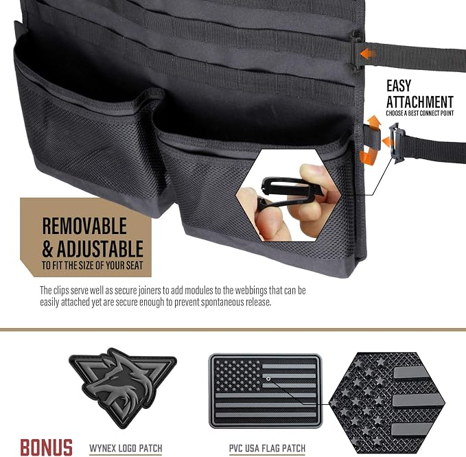 WYNEX Car Seat Organizer, Molle Backseat Cover Organizer Protector with Sling Rack, Visual Pocket and Patch, Universal Vehicle Fits for F150, Jeeps, Pickups & Trucks for Road Trips (2-Packs)