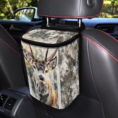 Talayituse Hunting Camo Elk American Flag Print Car Trash Can with Lid, Leak Proof Auto Trash Bag Hanging Vehicle Garbage Can Multipurpose Storage Container for Back Seat Road Trip