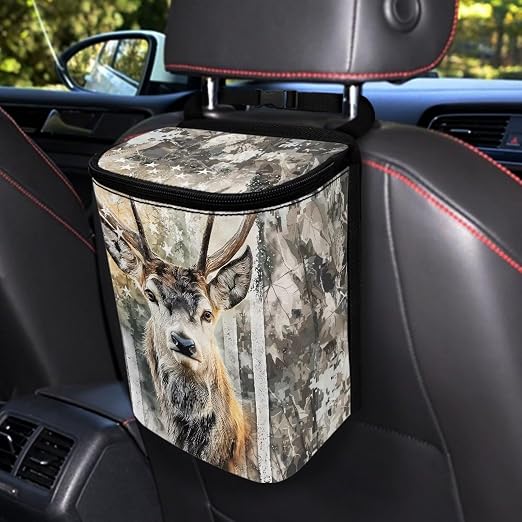 Talayituse Hunting Camo Elk American Flag Print Car Trash Can with Lid, Leak Proof Auto Trash Bag Hanging Vehicle Garbage Can Multipurpose Storage Container for Back Seat Road Trip
