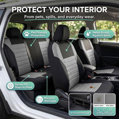 FH Group Automotive Car Seat Covers Full Set Premium 3D Air Mesh Front Seat Covers, Airbag Compatible & Split Bench Cover Universal Fit Interior Accessories for Cars Trucks and SUVs - Gray
