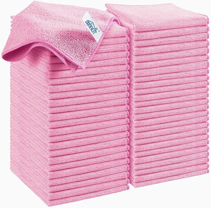 HOMEXCEL Pink Microfiber Cleaning Cloth, 50 Pack Cleaning Towels for Kitchen, Lint Free, Scratch-Free, Highly Absorbent, and Reusable Cleaning Rags for House, Window and Glass, Cars, 11.5 X11.5 inch