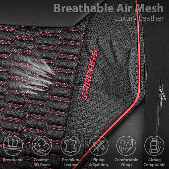 CAR PASS 3D Foam Mesh Leather Car Seat Covers Full Set,Breathable Mesh Faux Leather Seat Covers for Car,Universal Fit for SUV Truck Sedan Automotive, Armrest Airbag Compatible,Black and Red